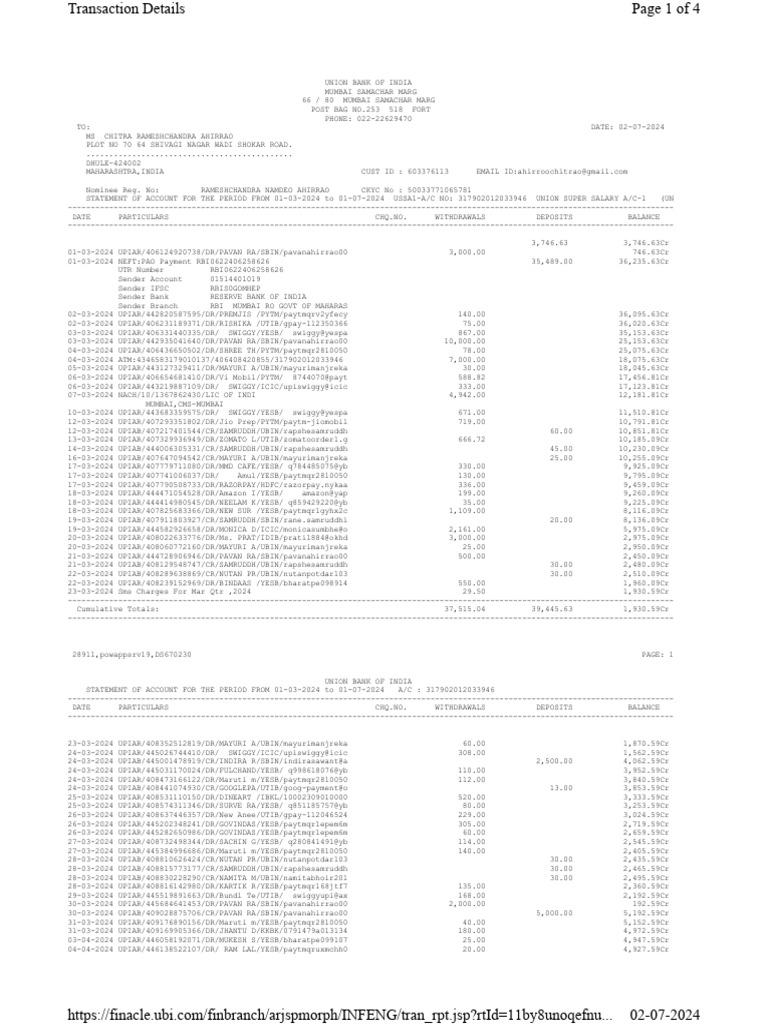 Union Bank Transaction Statement | PDF | Reserve Bank Of India ...