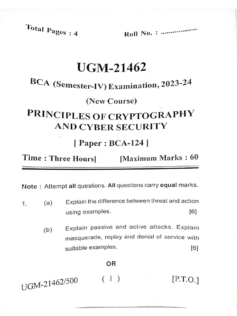 BCA Cryptography Exam Paper 2023-24 | PDF | Encryption | Cryptography