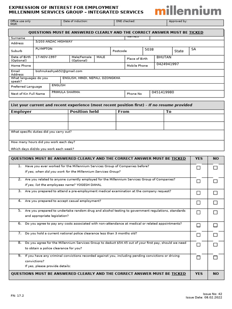 Employment Interest Form - Millennium Services | PDF