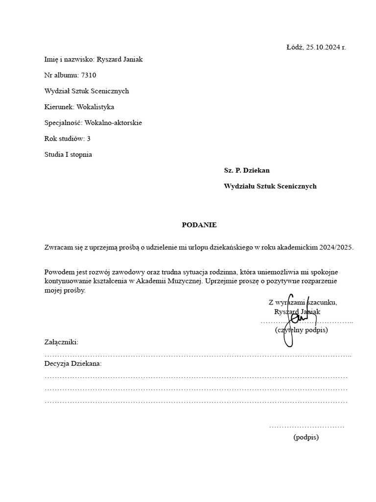 Podanie Do Dziekana | PDF