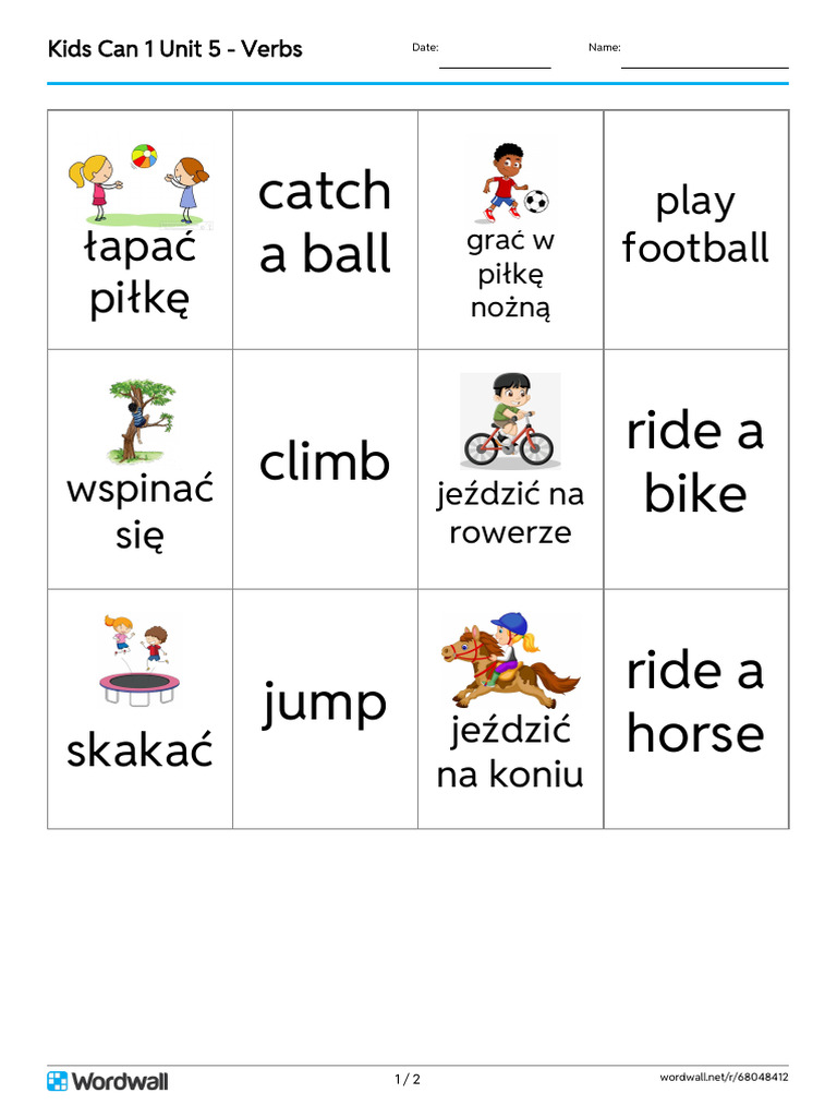 Kids Can 1 Unit 5 Verbs Flash Cards | PDF