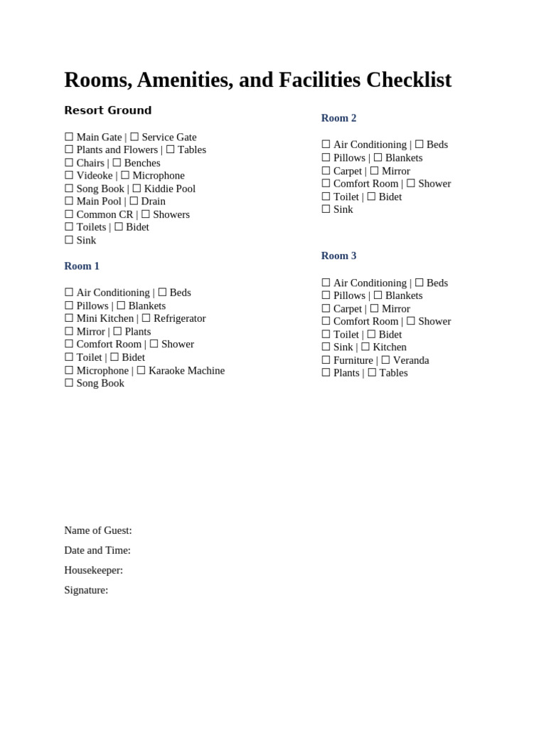 Resort Room and Facility Checklist | PDF