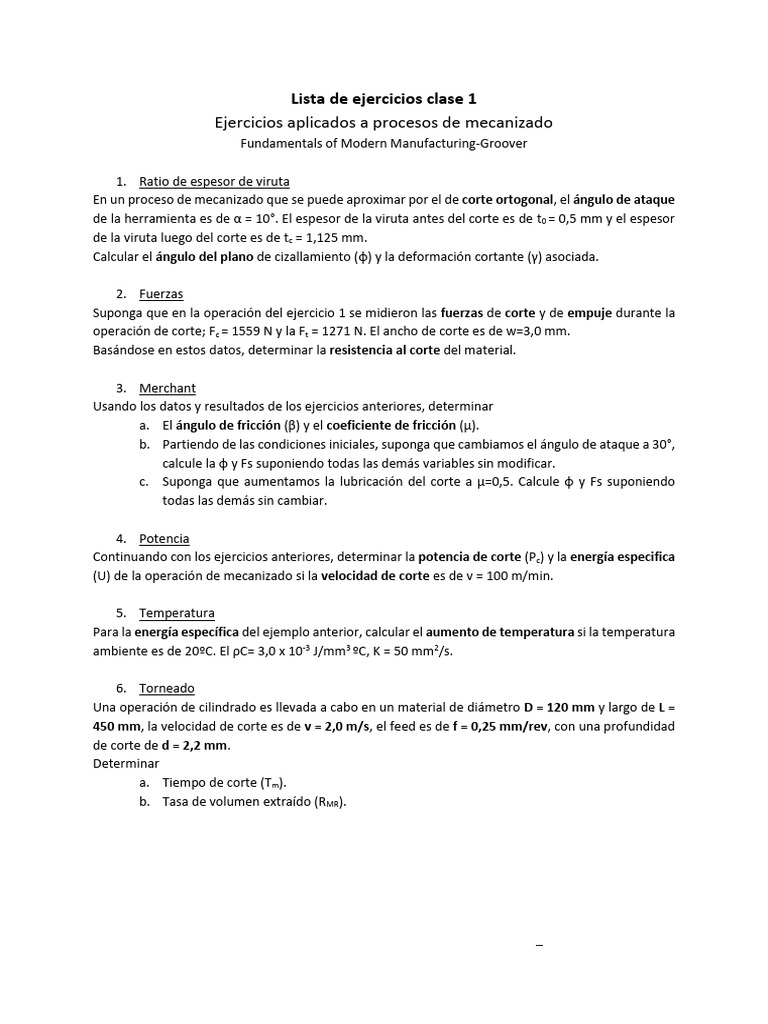 Lista de Ejercicios Clase 1 - Mecanizado - MT2023 | PDF