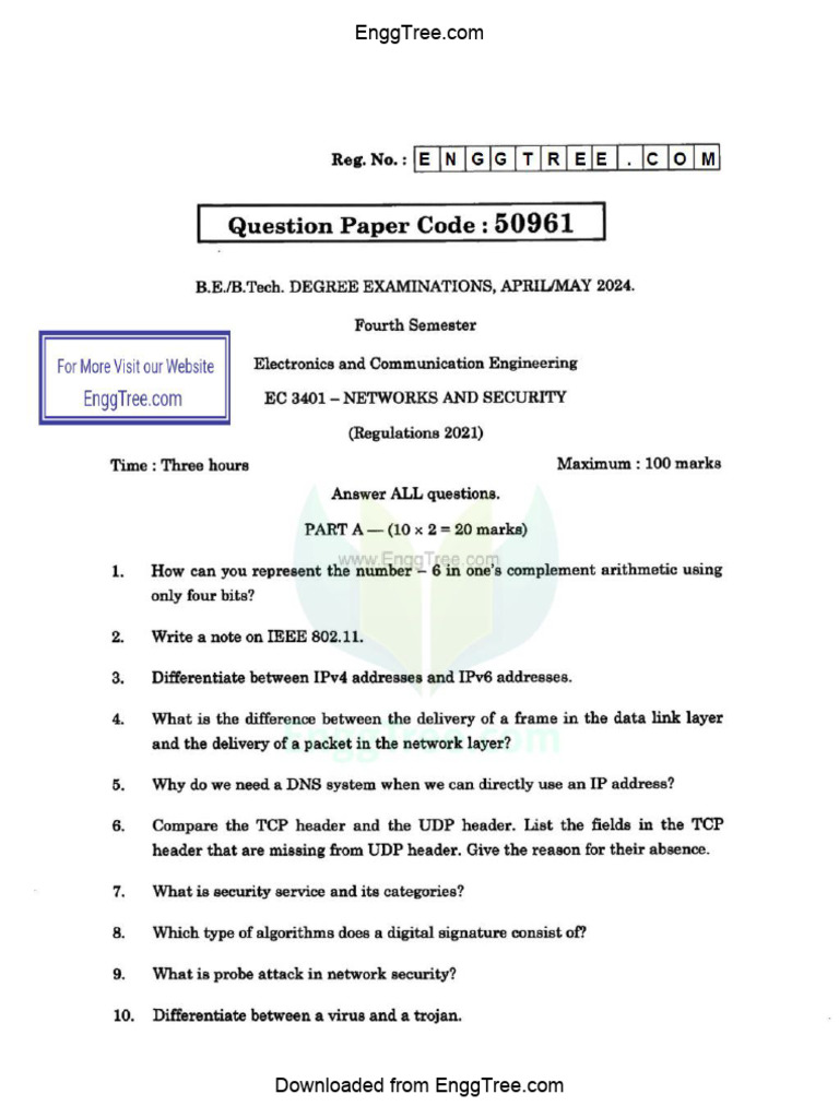 EC3401 Networks and Security Apr May 2024 Question Paper Download | PDF