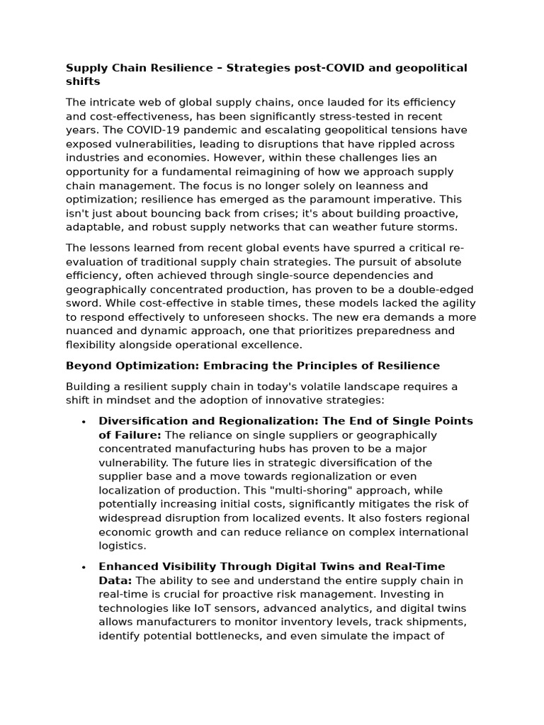 Resilient Supply Chain Strategies Post-COVID | PDF | Supply Chain ...