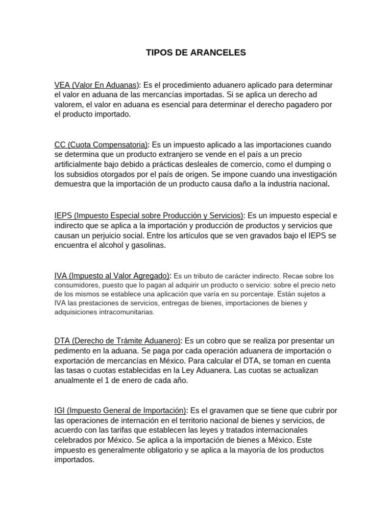 Tipos de Aranceles Aduaneros | PDF | aduana | Impuestos