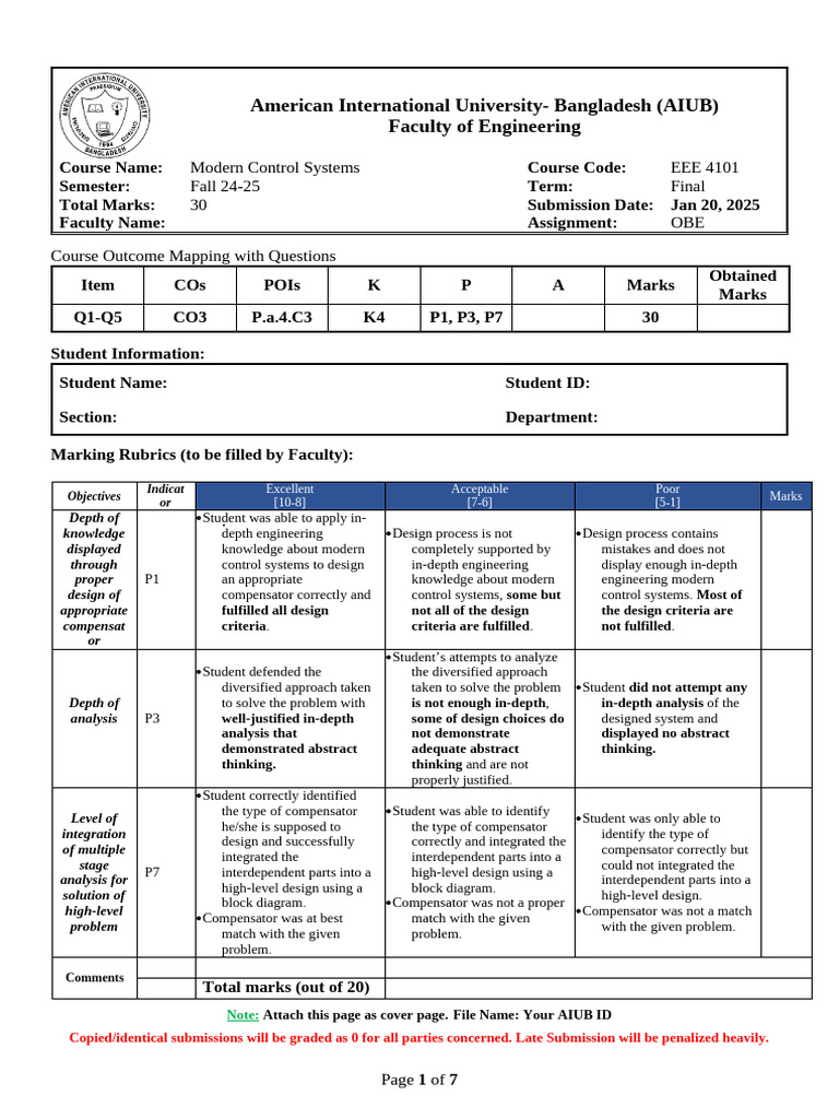 AIUB EEE 4101 Modern Control Systems Assignment | PDF | Turbine ...