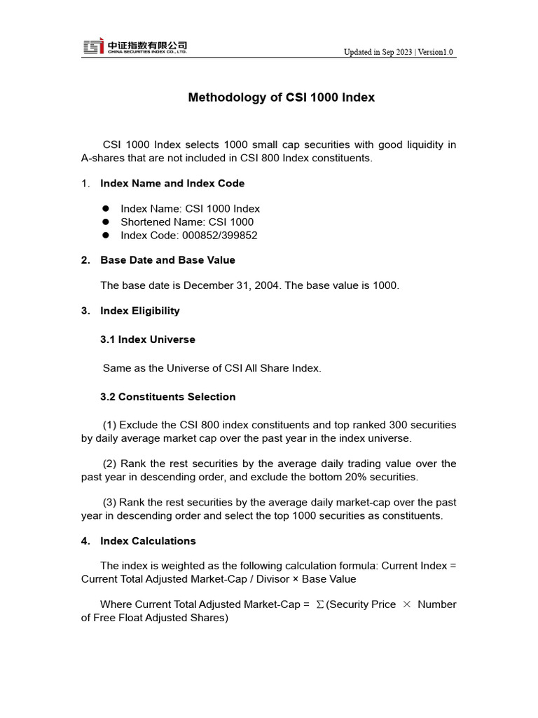 CSI 1000 Index Methodology Overview | PDF | Financial Markets | Investing