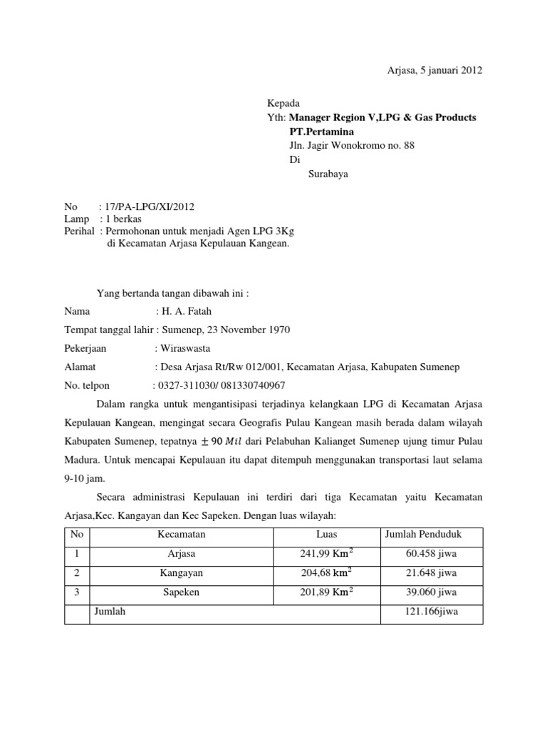 Contoh Surat Permohonan Jadi Agen Gas Elpiji