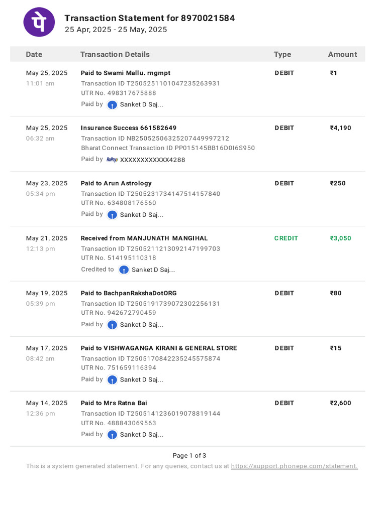 Transaction Statement Summary for 8970021584 | PDF