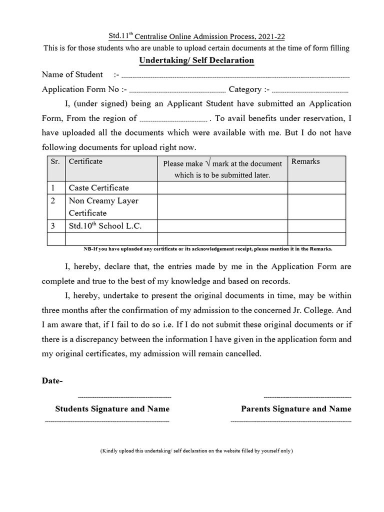 Undertaking/ Self Declaration | PDF