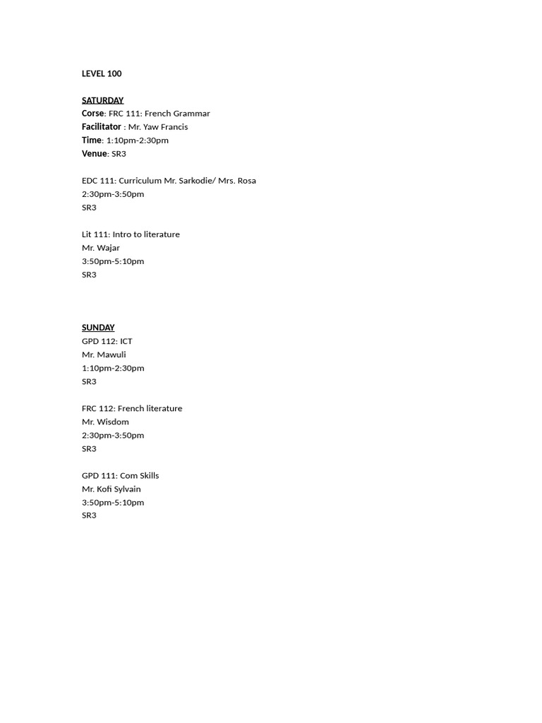 Weekend Class Schedule Overview | PDF