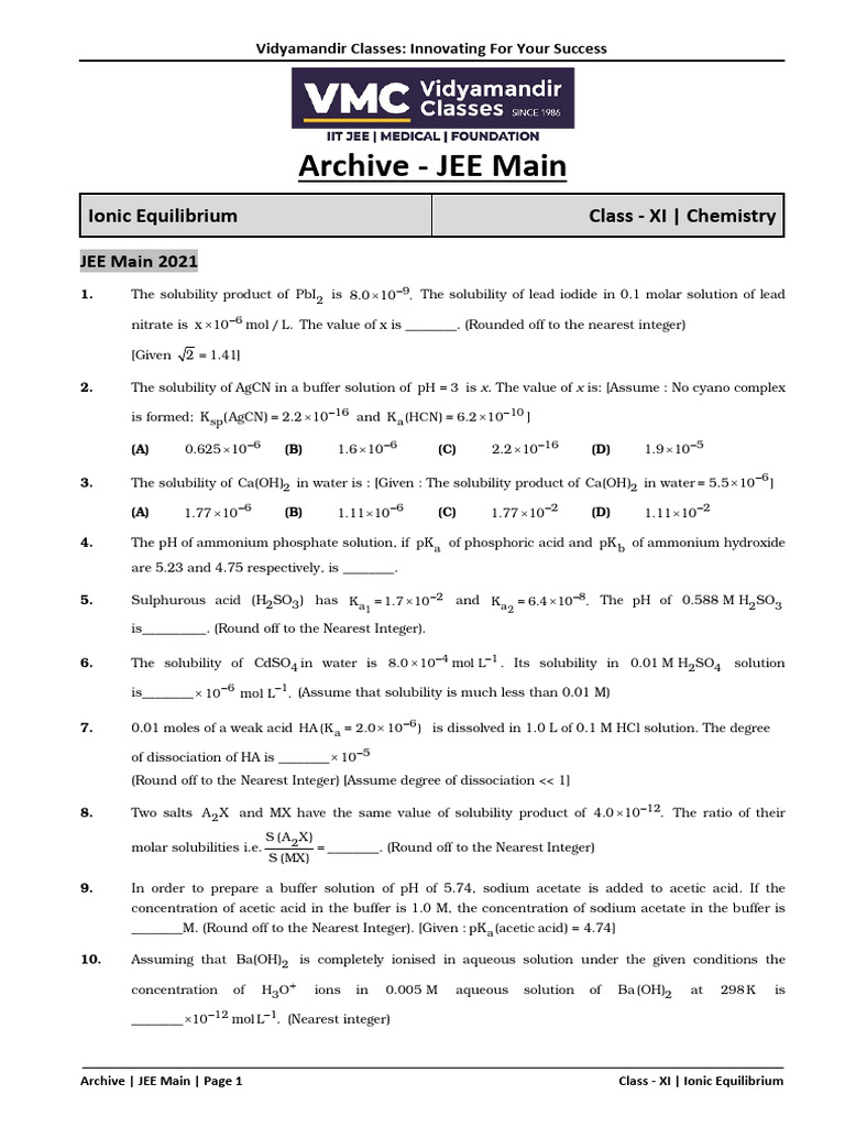 JEE Main Class XI Ionic Equilibrium Guide | PDF | Acid | Acid ...