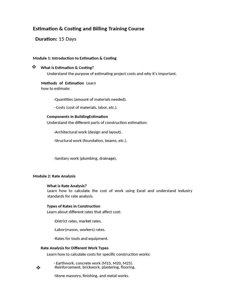 Estimation Costing and Billing Syllabus | PDF | Masonry | Materials