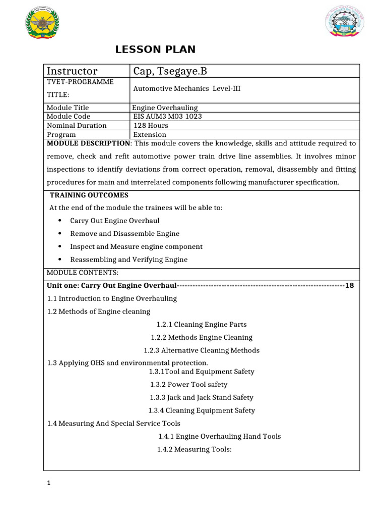 LESSON PLsession Plan Engine Overhauling | PDF | Auto Mechanic | Engines