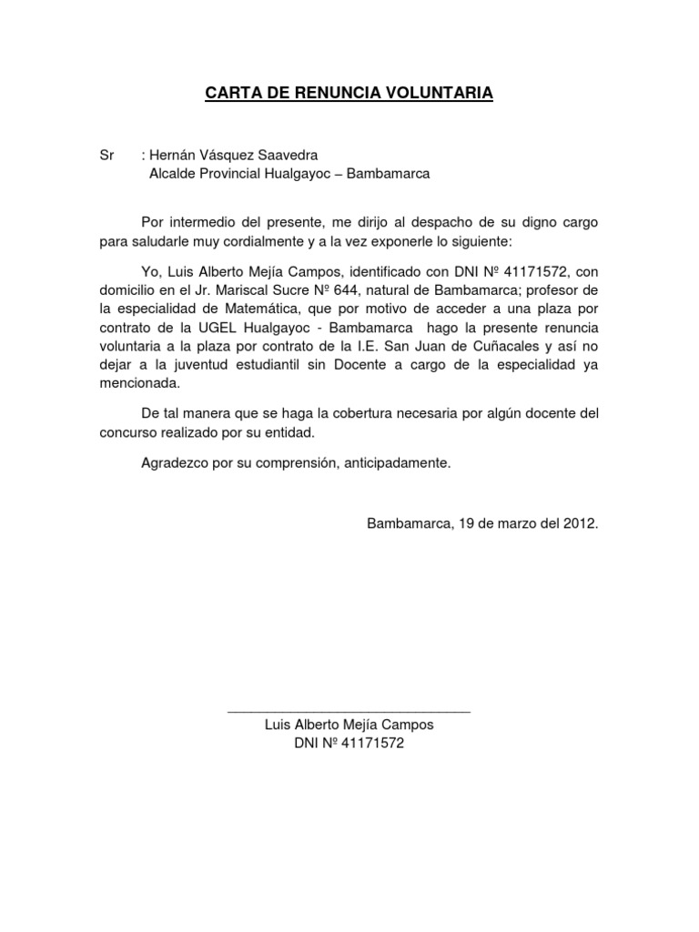 Carta de Renuncia Voluntaria