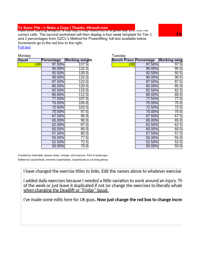GZCL Powerlifting Program Spreadsheet | PDF | Weight | Physical Exercise