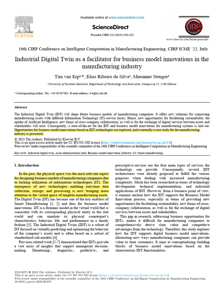 Industrial Digital Twin As A Facilitator For Business Model Innovation ...