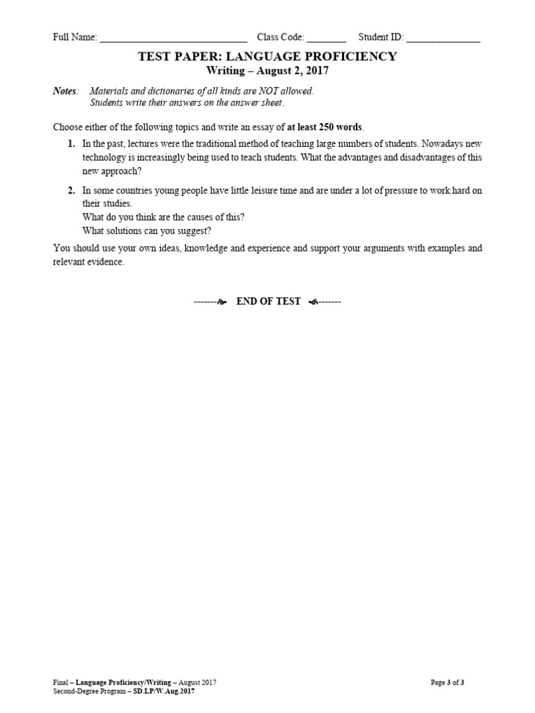 Language Proficiency Writing Test 2017 | PDF