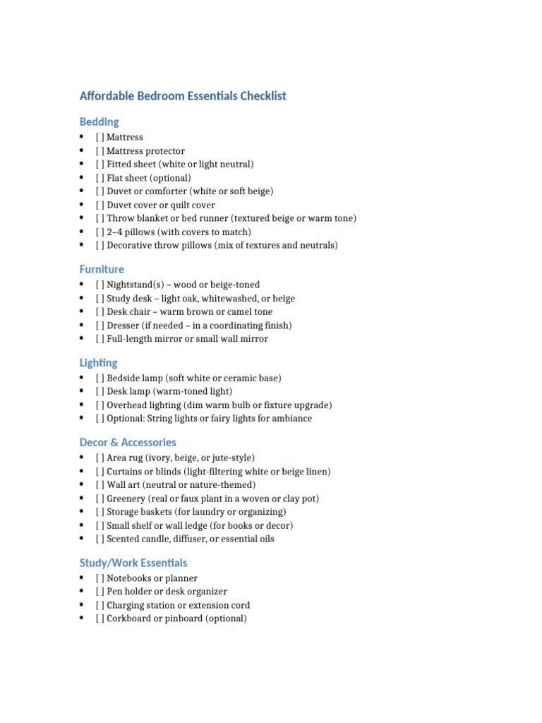Affordable Bedroom Essentials Checklist | PDF