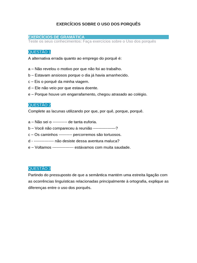 Exercícios sobre o Uso dos Porquês | PDF