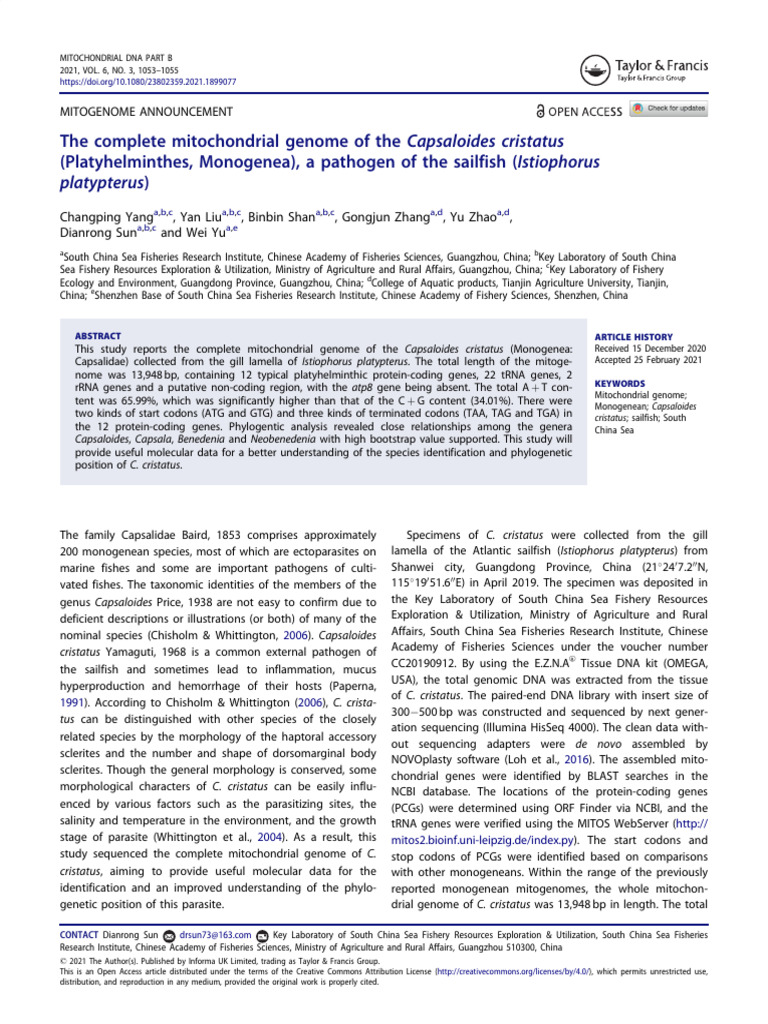 The Complete Mitochondrial Genome of The Capsaloid | PDF | Gene ...