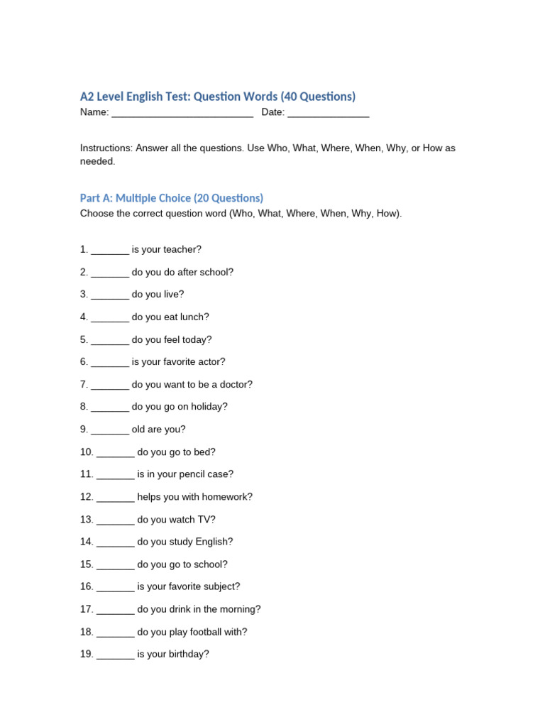 A2 English Test: Question Words Quiz | PDF