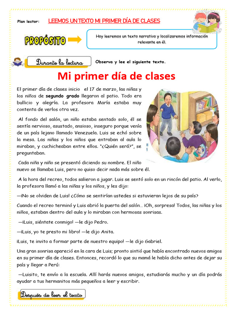 Ficha 20 Marzo Plan Lector Mi Primer Día de Clases | PDF