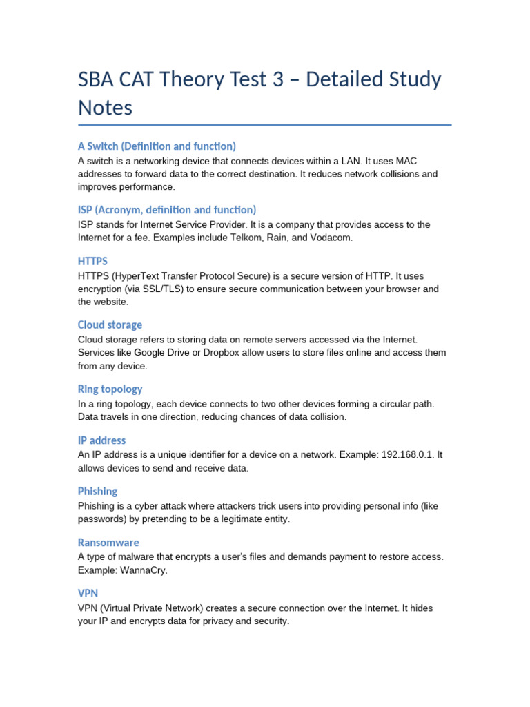 SBA CAT Theory Test 3 Study Notes | PDF | Computer Network | Wi Fi