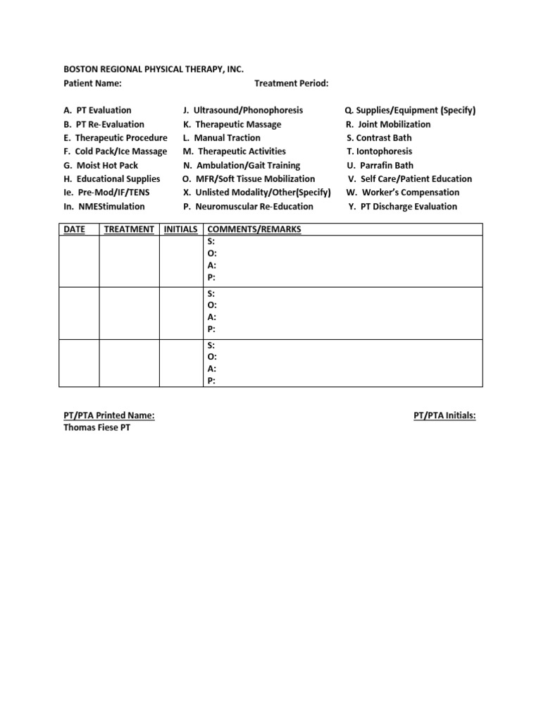 Boston Regional Physical Therapy Log | PDF