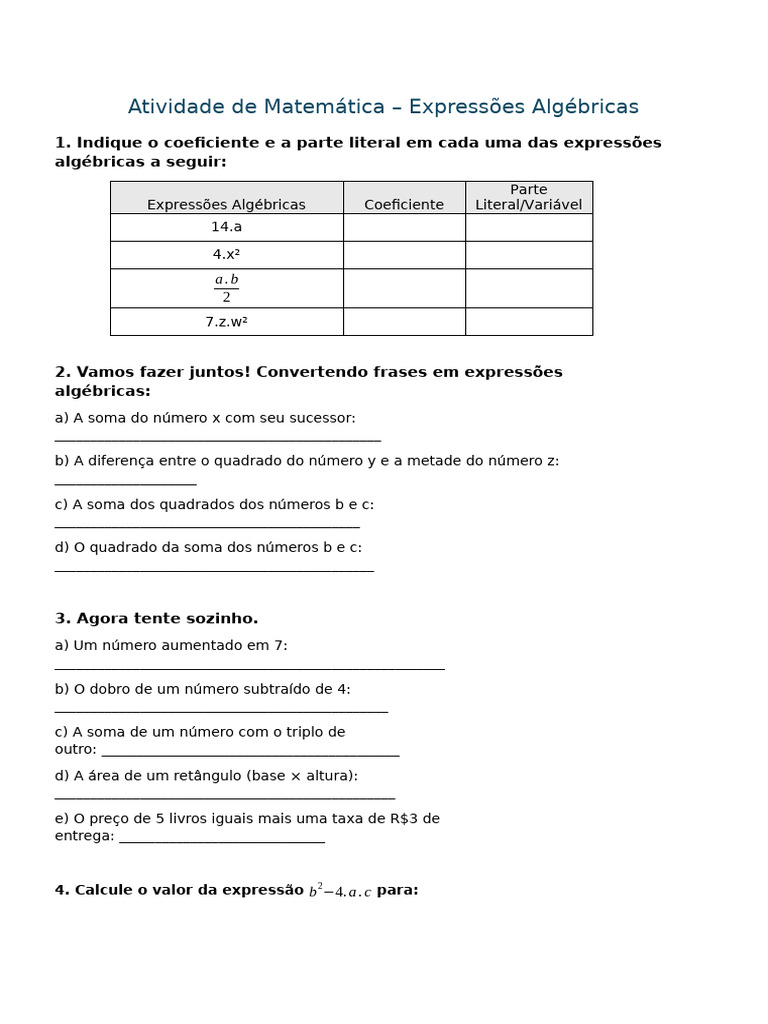 Atividade de Matemática: Expressões Algébricas | PDF | Matemática