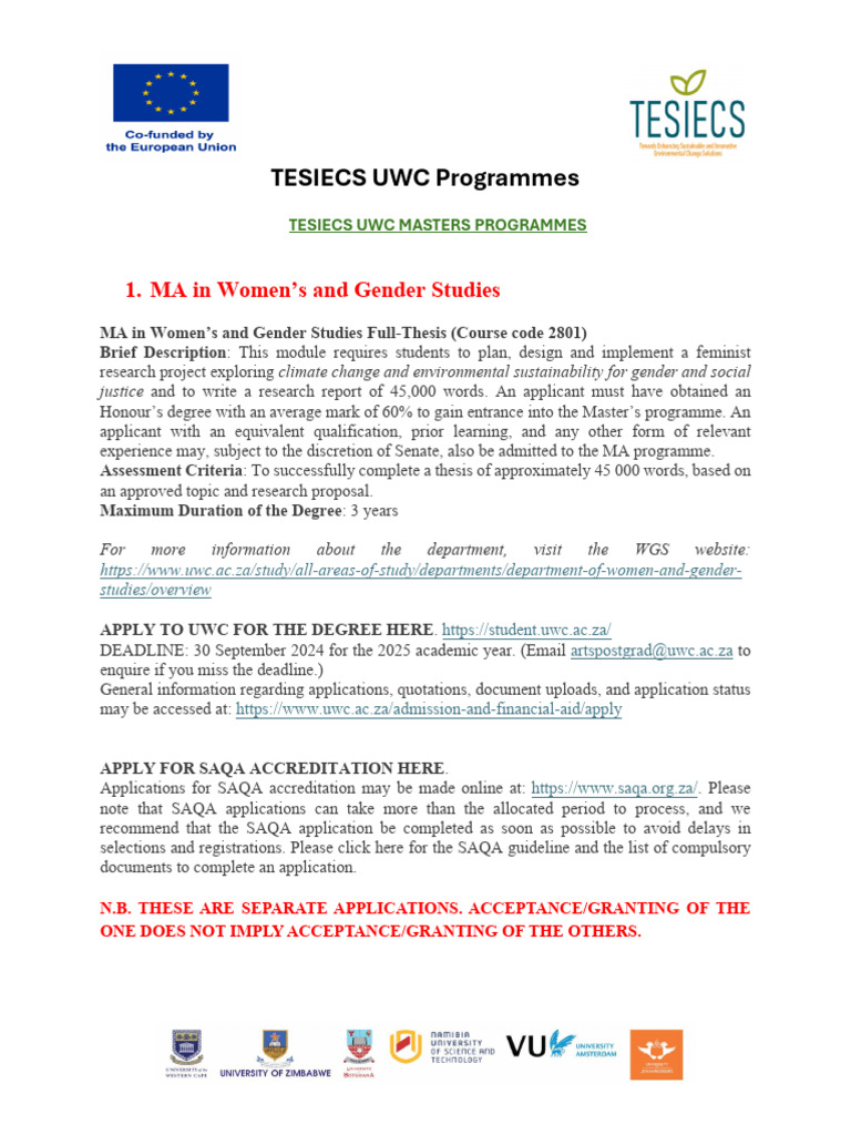 UWC Master's and PhD Programmes Overview | PDF | Thesis | Academic Degree