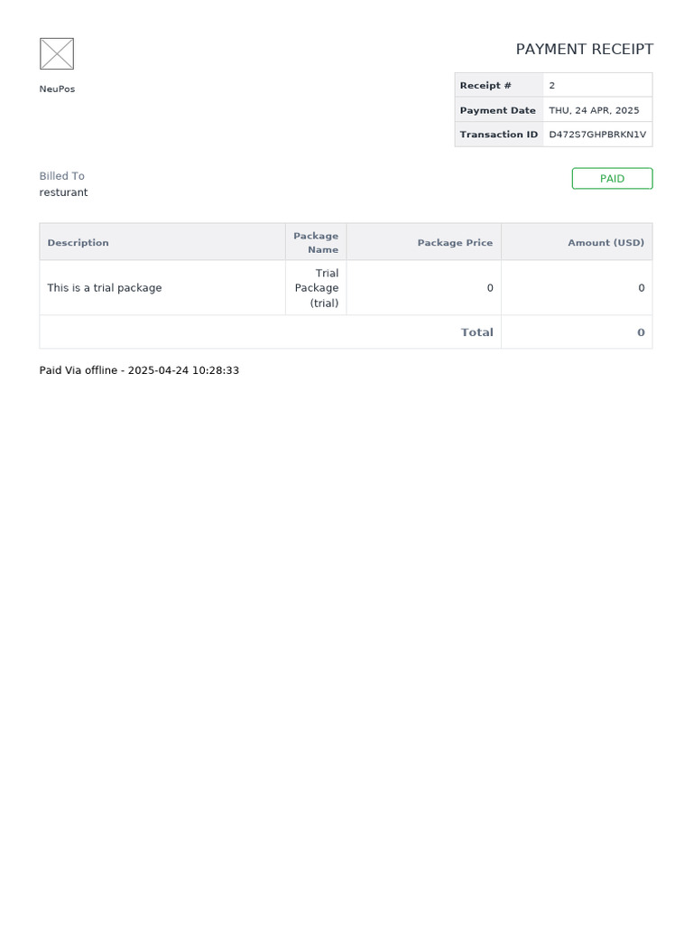 NeuPos Payment Receipt - Trial Package | PDF