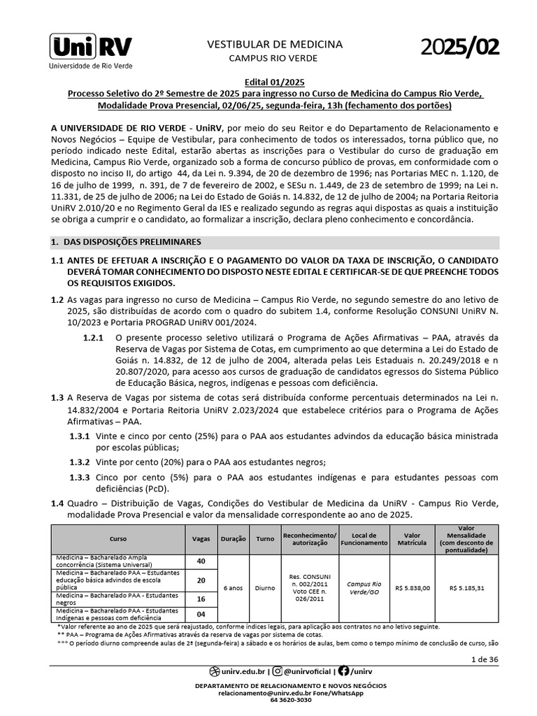 Vestibular Medicina UniRV 2025: Edital e Vagas | PDF