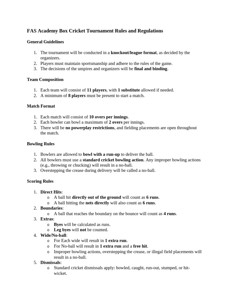 FAS Academy Box Cricket Rules | PDF | Bowling (Cricket) | Cricket