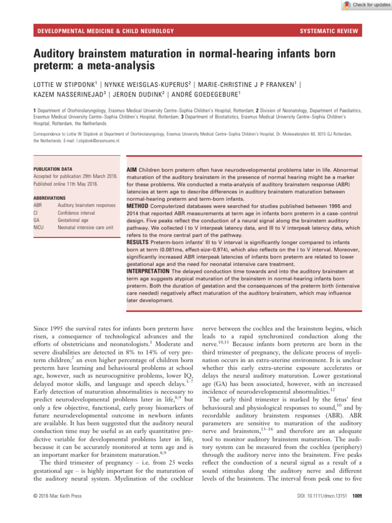 Auditory Brainstem Maturation in Preterm Infants | PDF | Preterm Birth ...