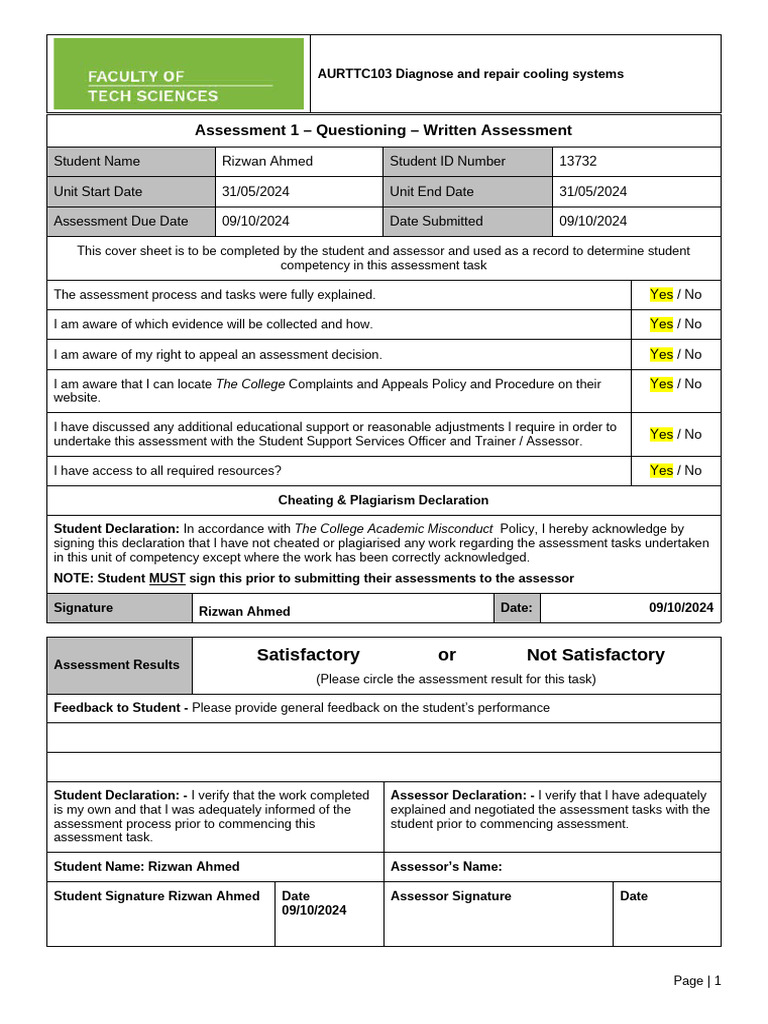 FTS Assessment 1 Student Questioning Written Knowledge Assessment ...