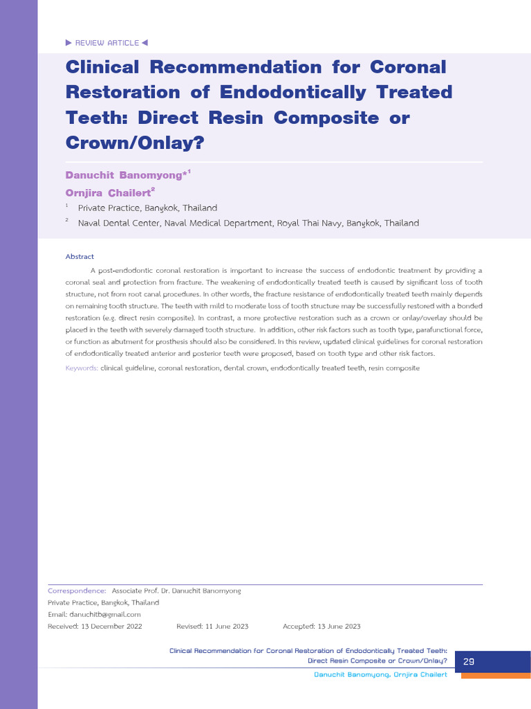 Coronal Restoration for Endodontically Treated Teeth | PDF | Dental ...