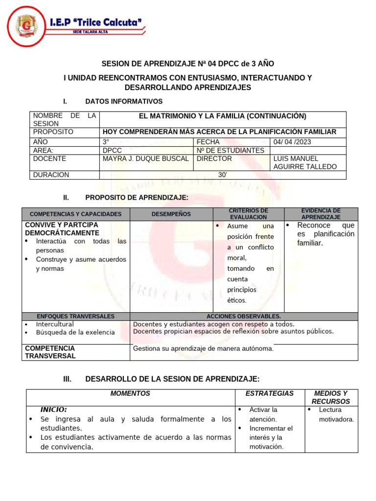 SESION DE APRENDIZAJE Nª 04 DPCC de 3 AÑO | PDF | Aprendizaje | Enseñando