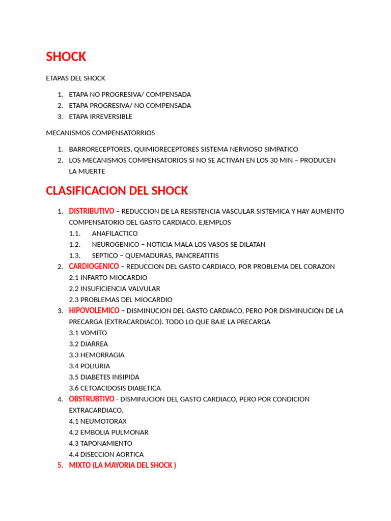 Etapas y Tratamientos del Shock Médico | PDF | Edema | Sodio