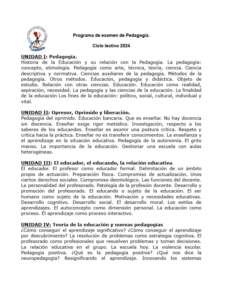Programa de Examen en Pedagogía 2024 | PDF | Maestros | Pedagogía