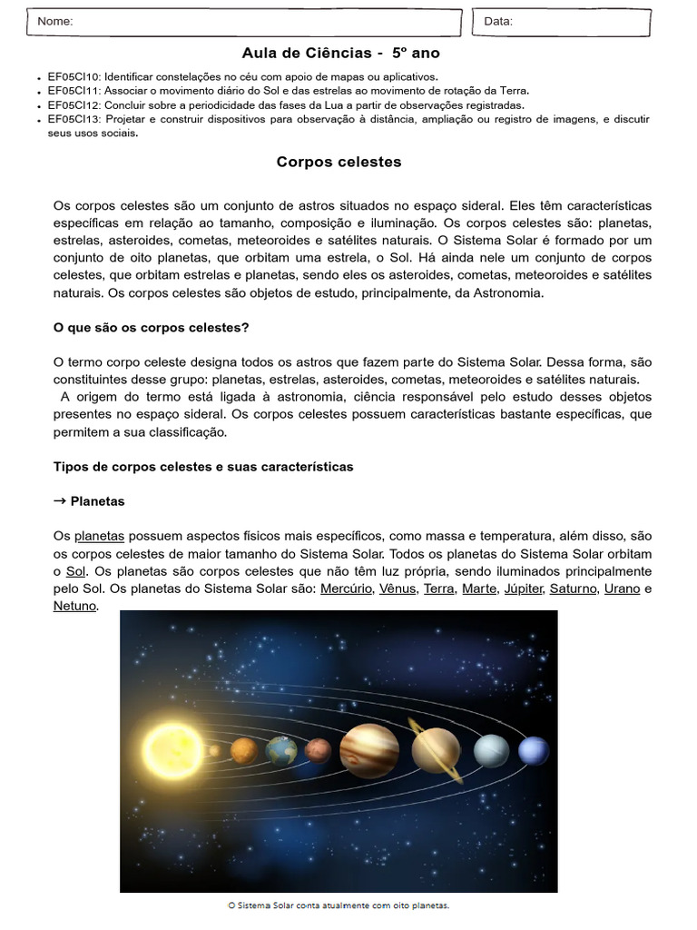 Características dos Corpos Celestes | PDF | Sistema Solar | Planetas