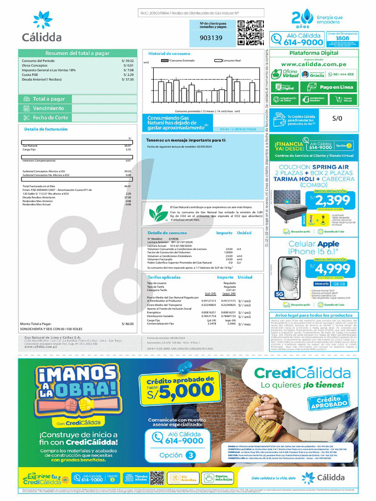 Factura de Gas Natural - Agosto 2024 | PDF | Gases | Economias