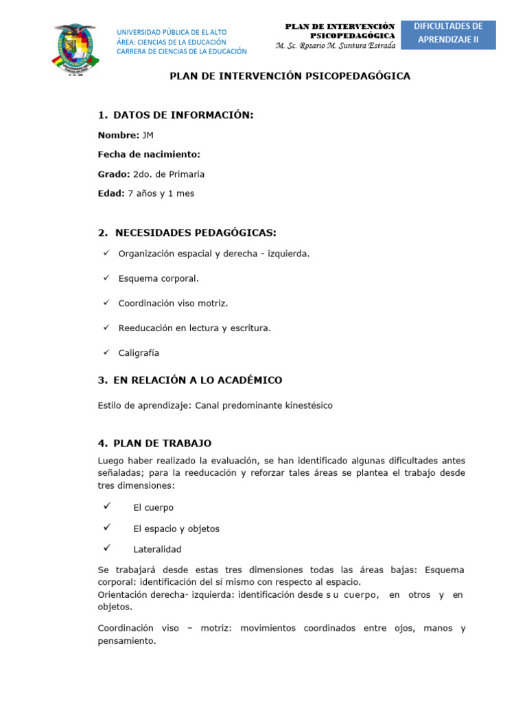 Plan de Intervención para Dificultades de Aprendizaje | PDF ...