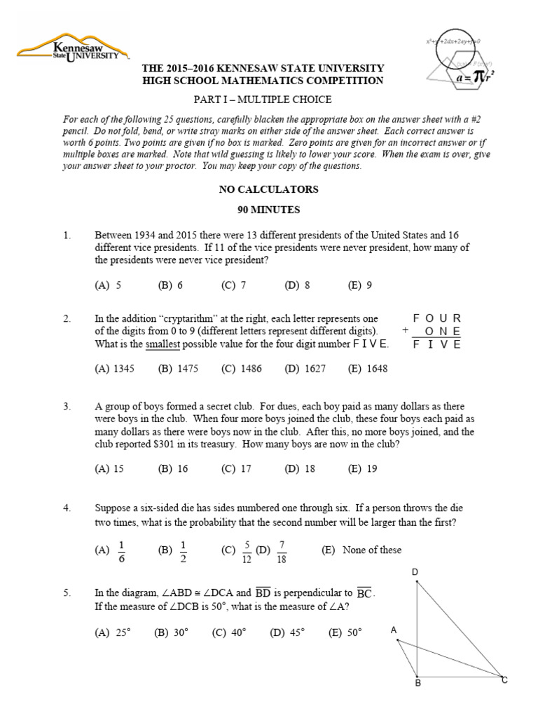 KSU 2016 AMC 10A Math Competition | PDF | Circle | Mathematics
