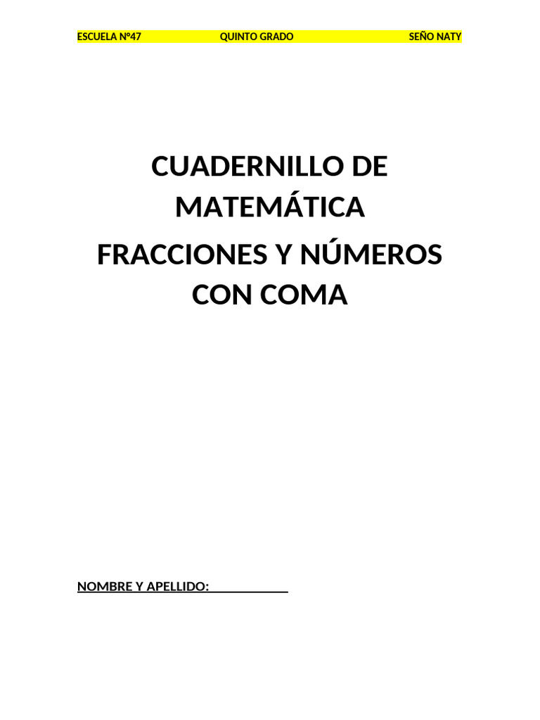 Cuadernillo de Fracciones 5to Grado | PDF | Matemática Elemental ...