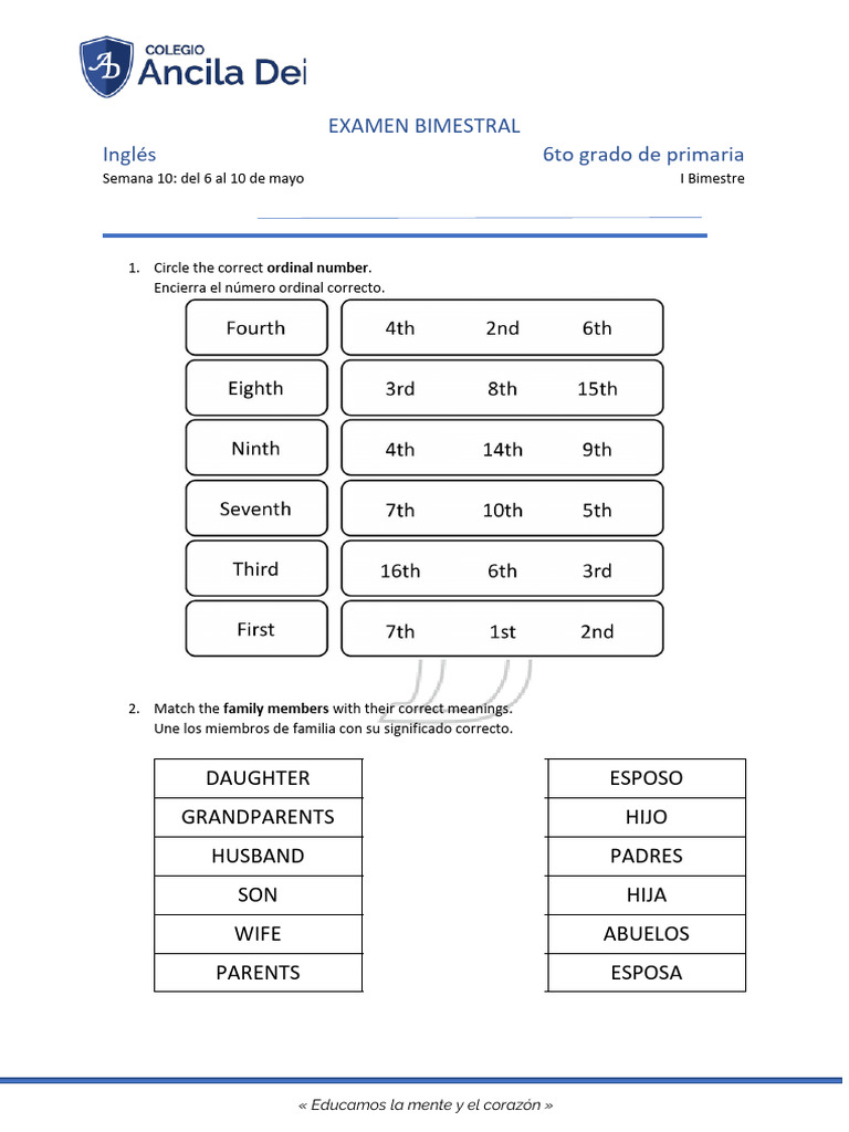 Examen Bimestral de Inglés 6to Grado | PDF