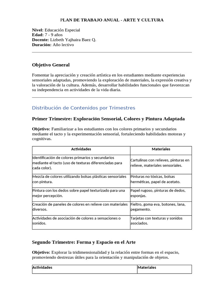 Plan Anual Arte y Cultura para Educación Especial | PDF | Papel | Bailes