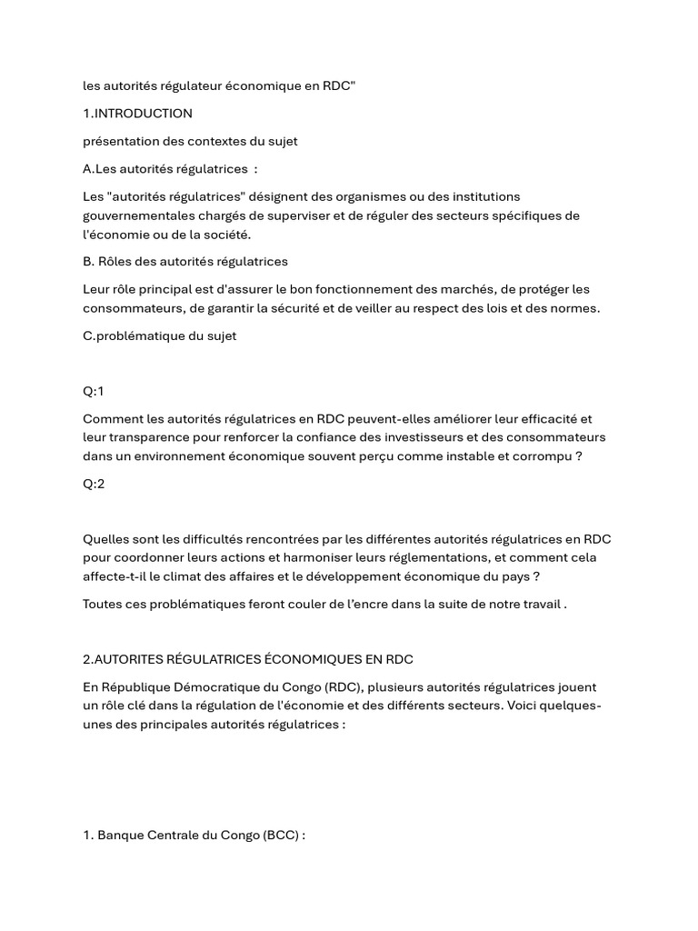 Autorités régulatrices en RDC : défis et solutions | PDF | Banques | la ...