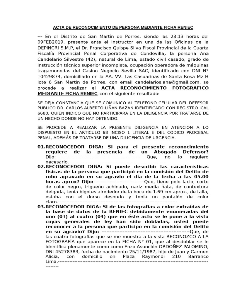 Acta de Reconocimiento Fotográfico RENIEC | PDF | Perú